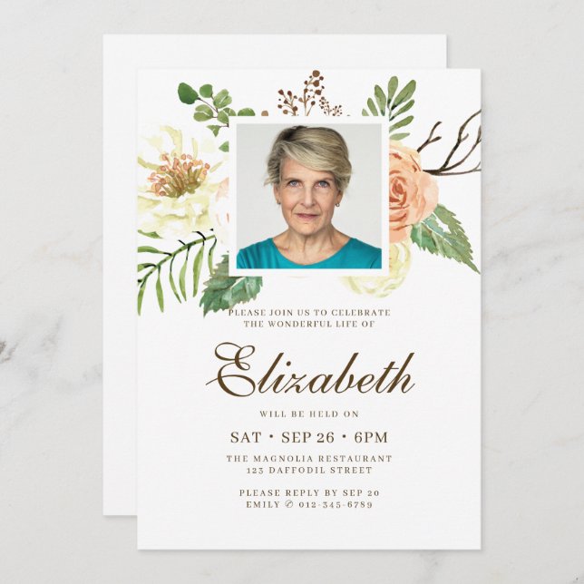 Convites Celebração da Vida com Fotos Florais Modernas de W (Frente/Verso)