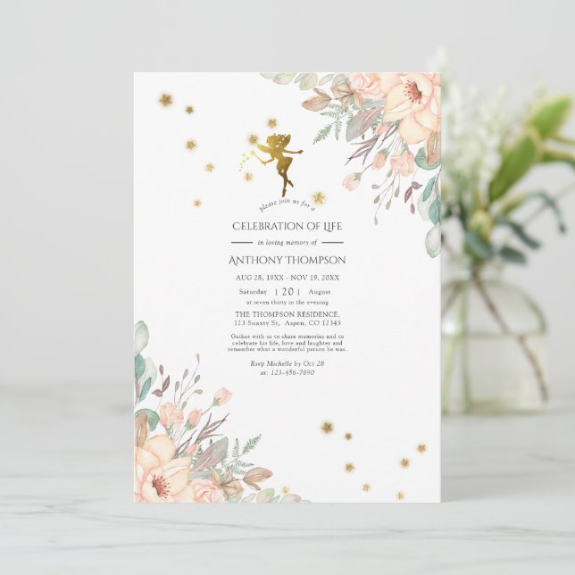 Convites Celebração da Vida com tema de Fada Rosa e Dourado (Em pé/Frente)