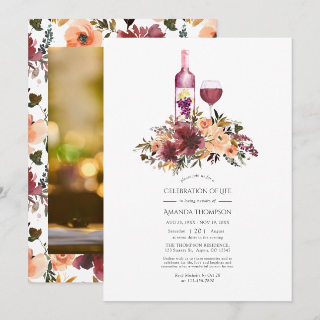 Convites Celebração da Vida com tema de Vinho Floral Pêsseg (Frente/Verso)