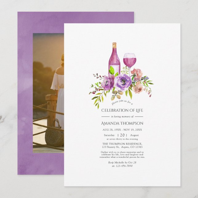 Convites Celebração da Vida com tema de Vinho Floral Roxo (Frente/Verso)