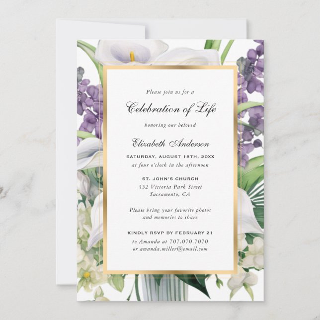 Convites Celebração da Vida da Elegante Dourada Calla Lily (Frente)