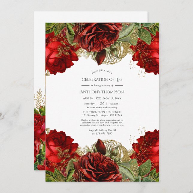 Convites Celebração da Vida do Dourado e Vermelho Burgundy (Frente/Verso)