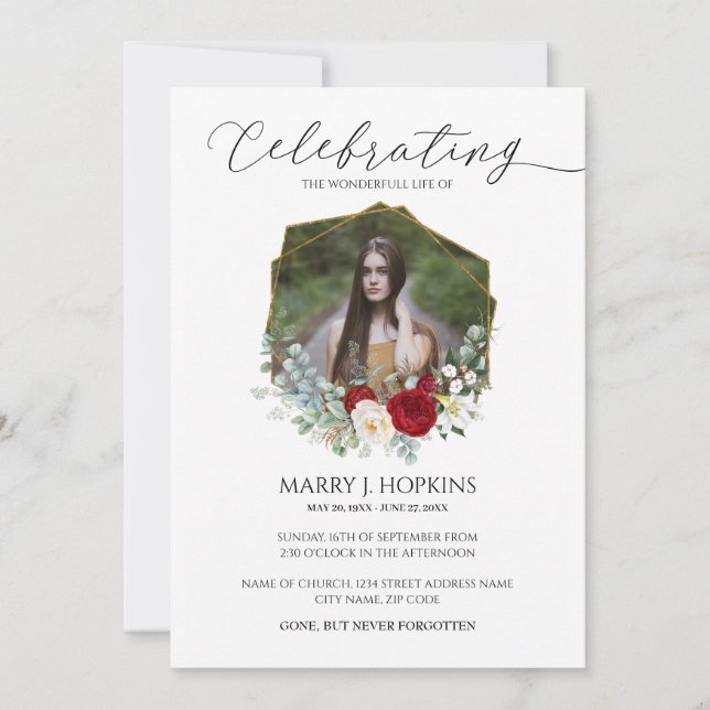 Convites Celebração da Vida do Flor Branco Vermelho (Frente)