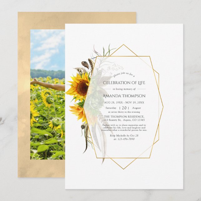 Convites Celebração da Vida dos Girassóis Russos Geométrico (Frente/Verso)