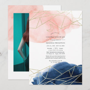 Convites Celebração da Vida em aquarela azul-marinho e rosa