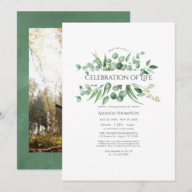 Convites Celebração da Vida em Aquarela com Eucalipto Verde (Frente/Verso)
