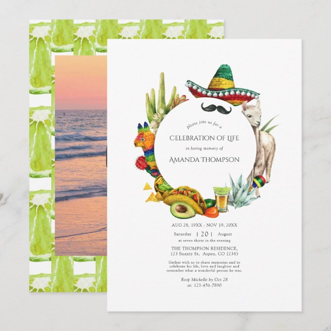 Convites Celebração da Vida em Aquarela Fiesta Mexicana (Frente/Verso)