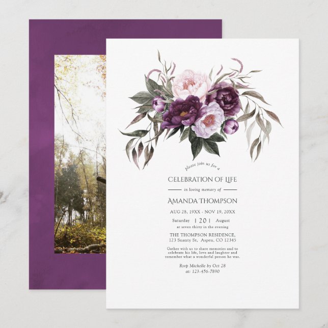 Convites Celebração da Vida em Floral de Veludo Profundo Fo (Frente/Verso)