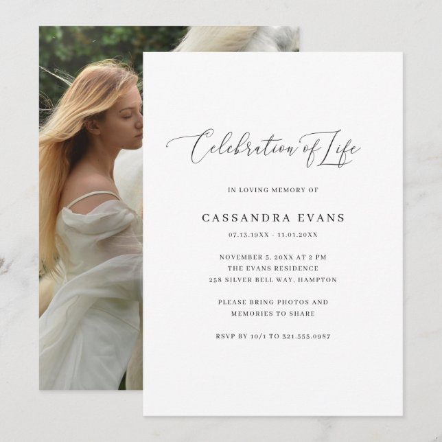 Convites Celebração da Vida em Foto Branco e Preto Elegante (Frente/Verso)