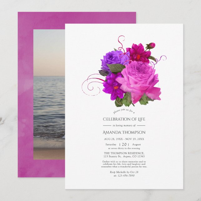 Convites Celebração da Vida em Fuchsia e Roxo Desgastado (Frente/Verso)