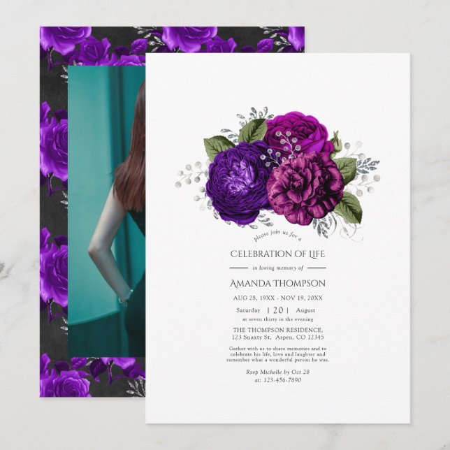 Convites Celebração da Vida em Roxo Real e Floral Prateado (Frente/Verso)