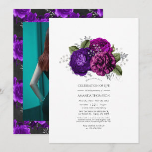 Convites Celebração da Vida em Roxo Real e Floral Prateado