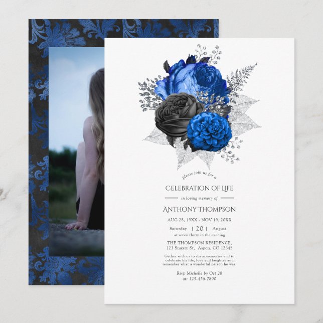 Convites Celebração da Vida Floral Azul, Preto e Prata (Frente/Verso)