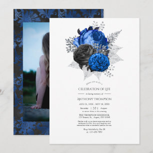 Convites Celebração da Vida Floral Azul, Preto e Prata