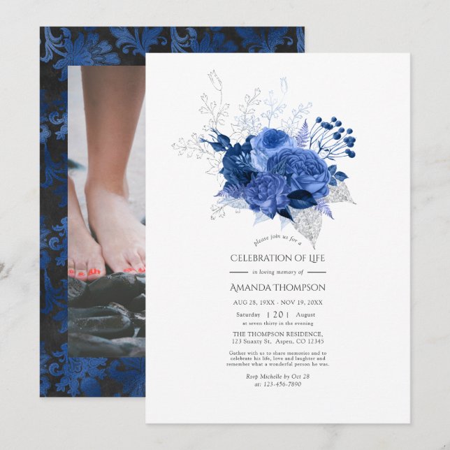 Convites Celebração da Vida Floral Azul Real e Prata (Frente/Verso)