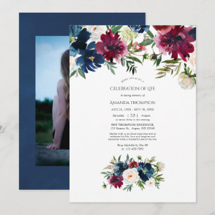 Convites Celebração da Vida Floral em Aquarela Bordo e Azul