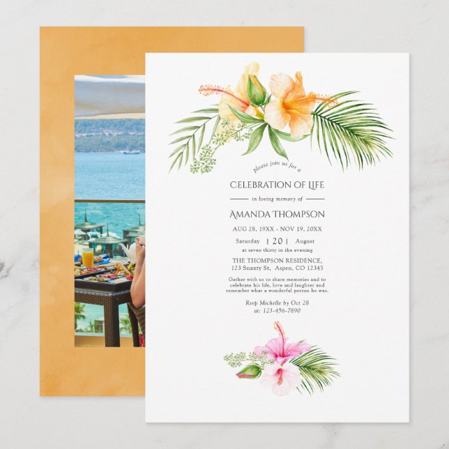Convites Celebração da Vida Floral Tropical na Praia (Frente/Verso)