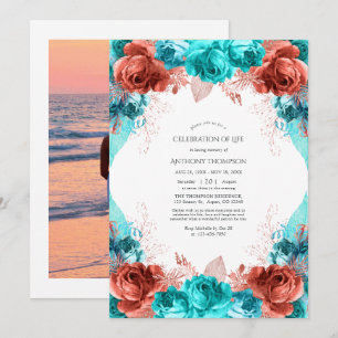 Convites Celebração da Vida Floral Turquesa e Coral