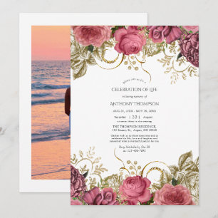 Convites Celebração da Vida Floral Vintage Rosa e Dourado