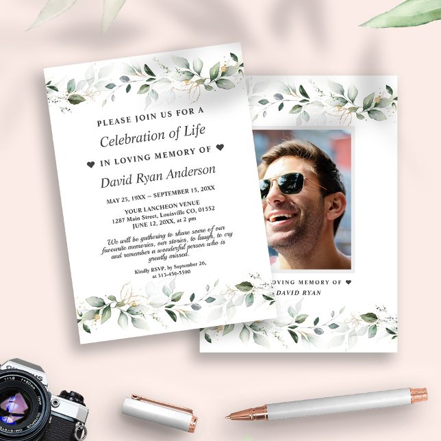 Convites Celebração da Vida Foto do Memorial Funeral (trendy greenery man celebrating the life invitation, elegant photo celebrating the life invite)