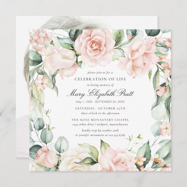 Convites Celebração da Vida Foto Funeral Rosa Rosa Rosa Flo (Frente/Verso)