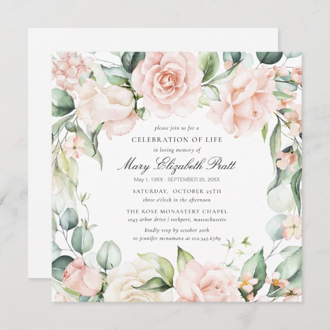 Convites Celebração da Vida Foto Funeral Rosa Rosa Rosa Flo (Frente/Verso)