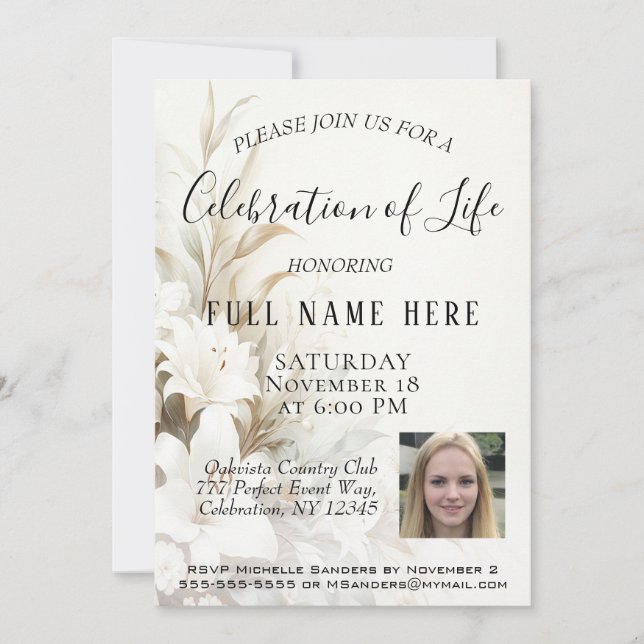 Convites Celebração da vida - Fotografias e Flores (Frente)