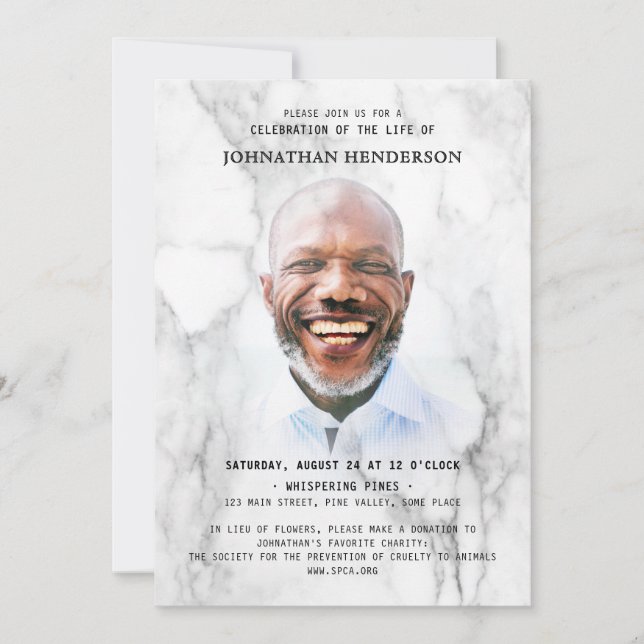 Convites Celebração da Vida / Funeral com Foto em Mármore M (Frente)