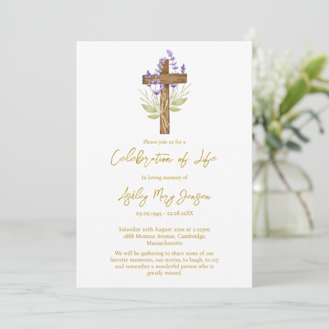 Convites Celebração da Vida Funeral Cruz de Lavanda (Em pé/Frente)