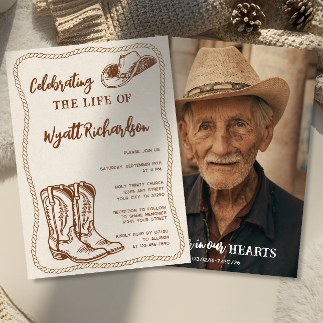 Convites Celebração da Vida Funeral de Cowboy Ocidental Fot (Criador carregado)