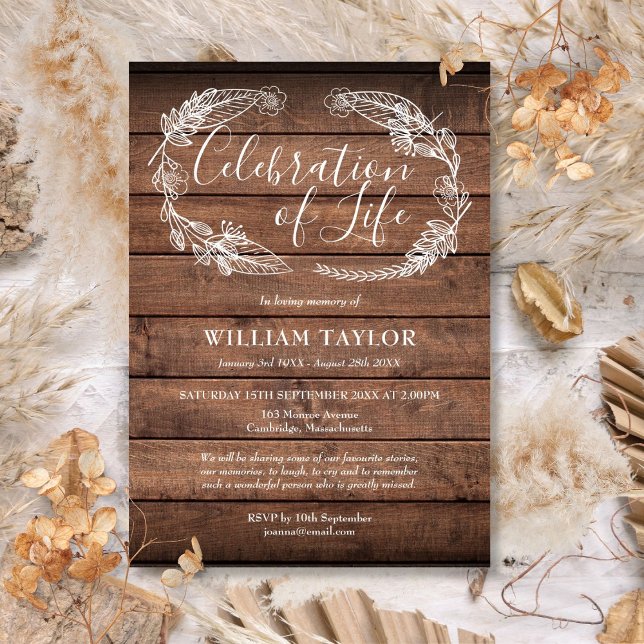 Convites Celebração da Vida Funeral em Madeira Rústica com  (Rustic Wood Foliage Celebration of Life Funeral Invitation)