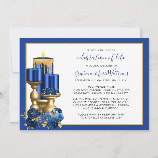 Convites Celebração da Vida Funeral Memorial Blue Candle (Frente)