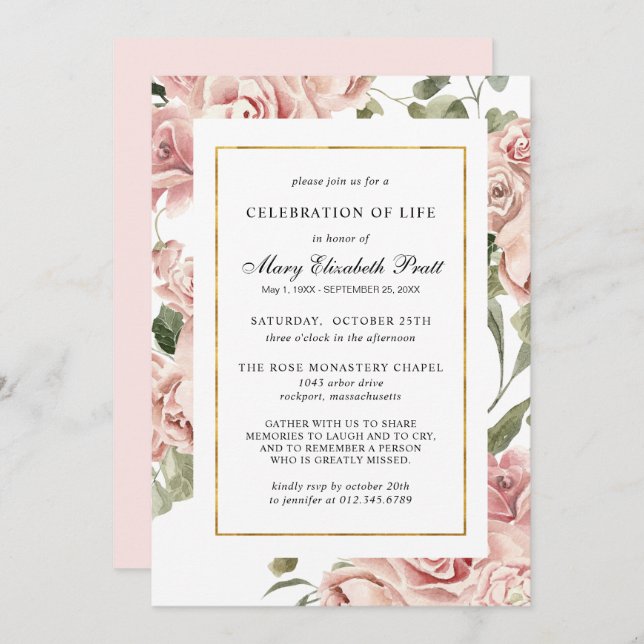 Convites Celebração da Vida Funeral Memorial Pink Floral I (Frente/Verso)