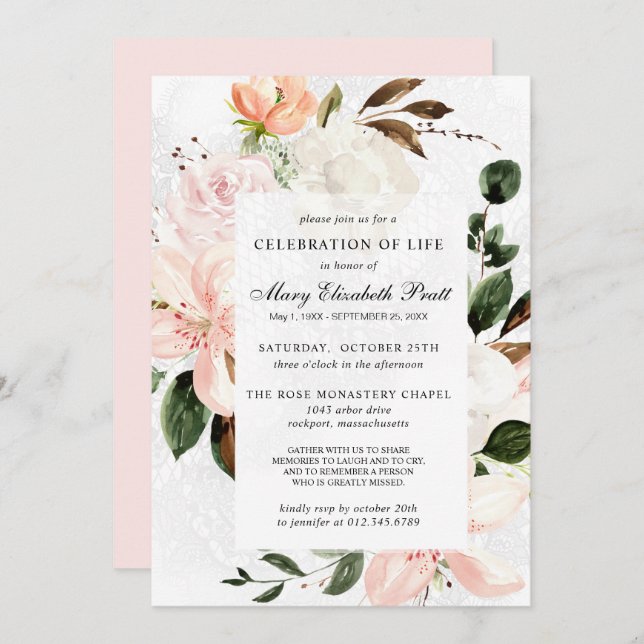 Convites Celebração da Vida Funeral Memorial Pink Floral I (Frente/Verso)