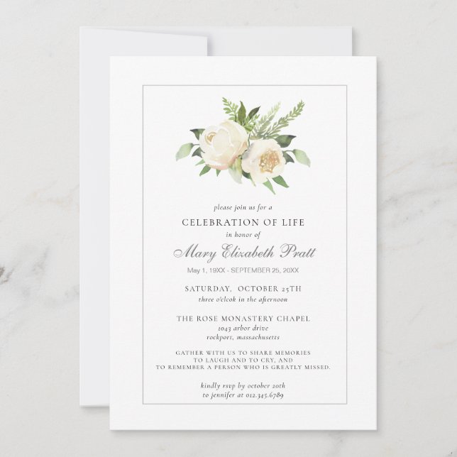 Convites Celebração da Vida Funeral Memorial White Floral (Frente)