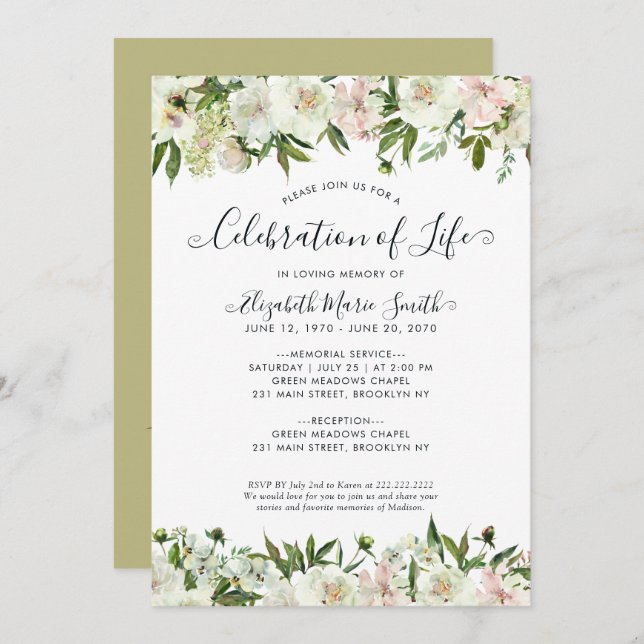 Convites Celebração da Vida Funeral Memorial White Floral (Frente/Verso)