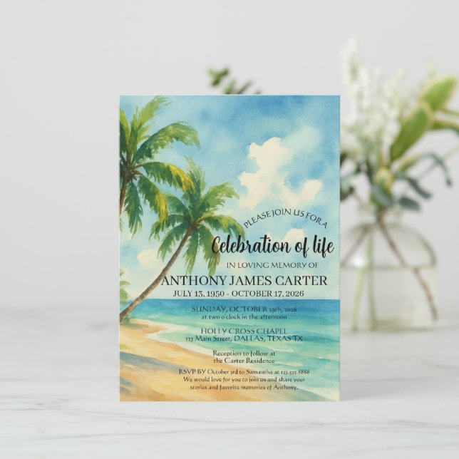 Convites Celebração da Vida Funeral na Praia Tropical (Em pé/Frente)