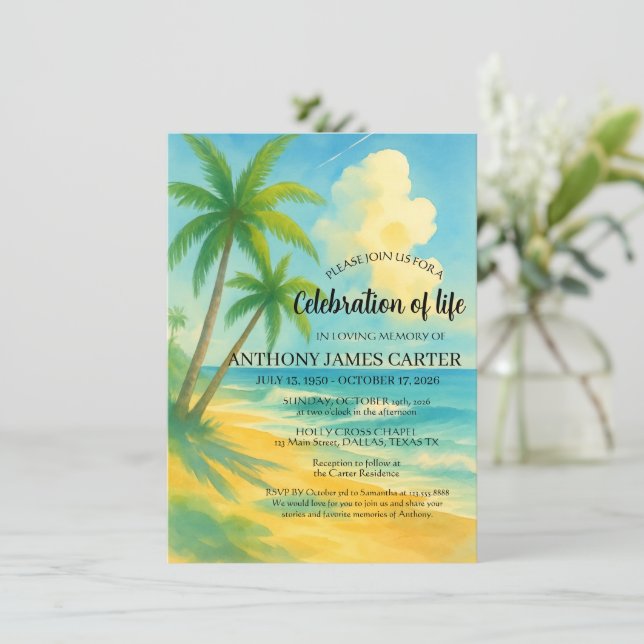 Convites Celebração da Vida Funeral na Praia Tropical (Em pé/Frente)