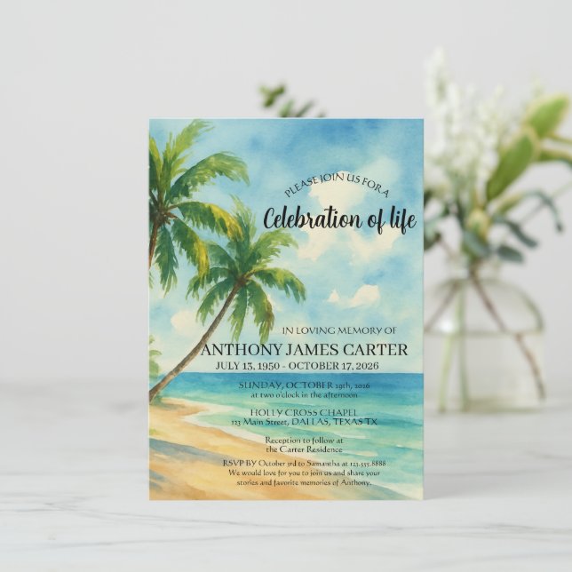 Convites Celebração da Vida Funeral na Praia Tropical (Em pé/Frente)