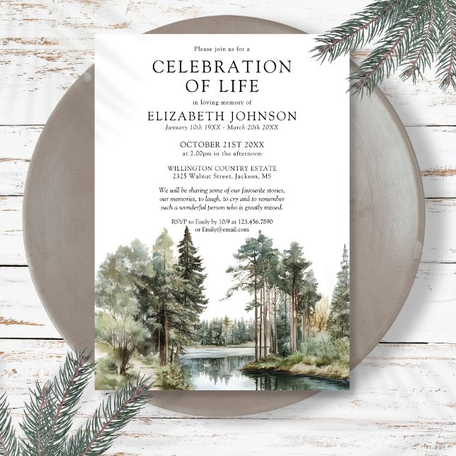 Convites Celebração da Vida Funeral no Lago da Floresta (Woodland Forest Lake Celebration Of Life Funeral Invitation)