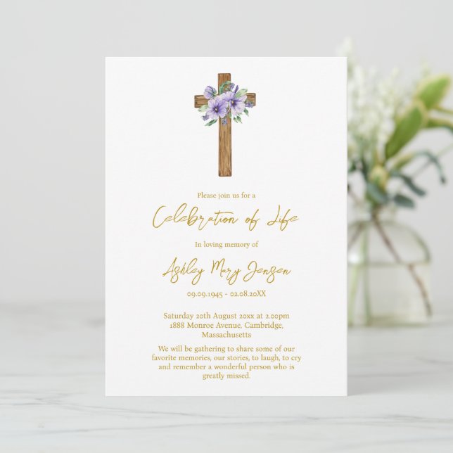Convites Celebração da Vida Funeral Pansy Cross (Em pé/Frente)