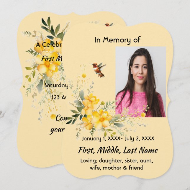 Convites Celebração da Vida Hummingbird Rosas Amarelas (Frente/Verso)