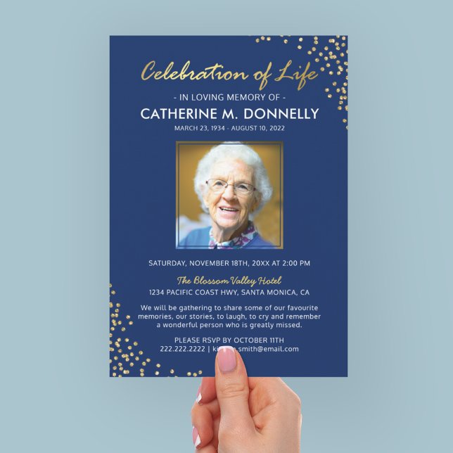 Convites Celebração da Vida | Memorial Fúnebre Azul Dourado (Criador carregado)