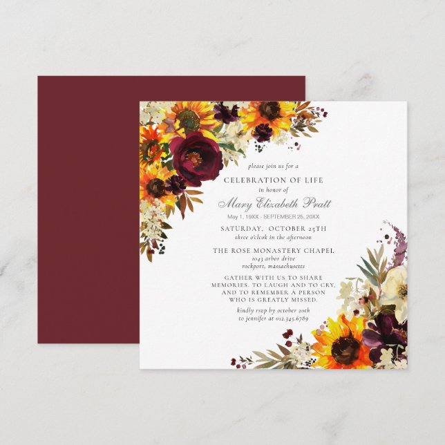 Convites Celebração da Vida Memorial Funeral Sunflower (Frente/Verso)