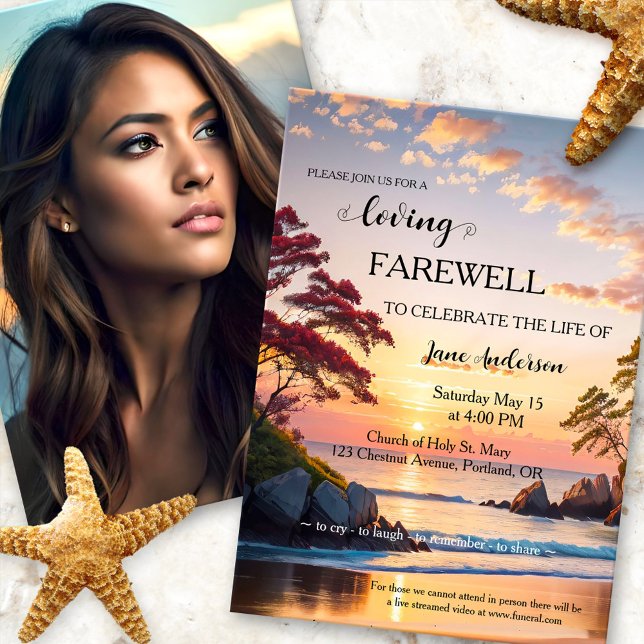 Convites Celebração da Vida na Praia Sunset (Celebration of life, memorial or funeral service photo invitation featuring a sunset on the beach)