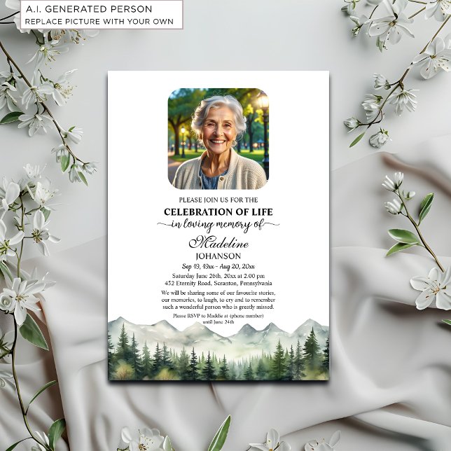Convites Celebração da Vida nas Montanhas e Árvores Funeral (Criador carregado)