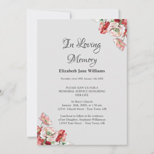 Convites Celebração da Vida pelo Serviço Memorial | Poppy (Frente)