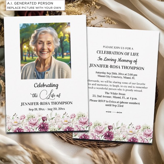 Convites Celebração da Vida Peônias Foto Funeral (Criador carregado)
