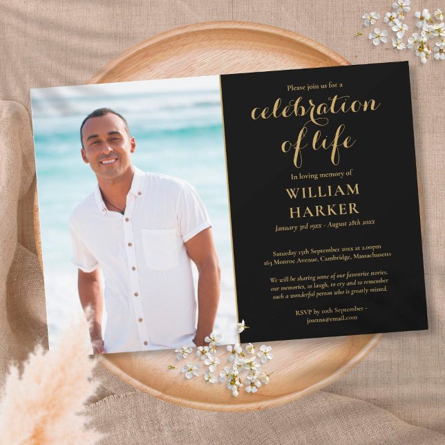Convites Celebração da Vida Preto e Dourado Foto de Funeral (Criador carregado)