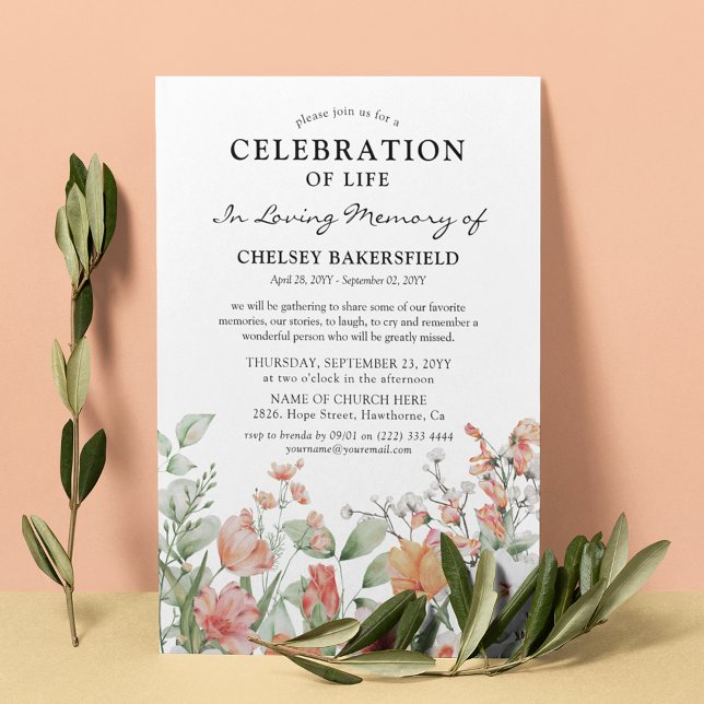 Convites Celebração da Vida Rosa e Floral Memorial em Bege (Criador carregado)
